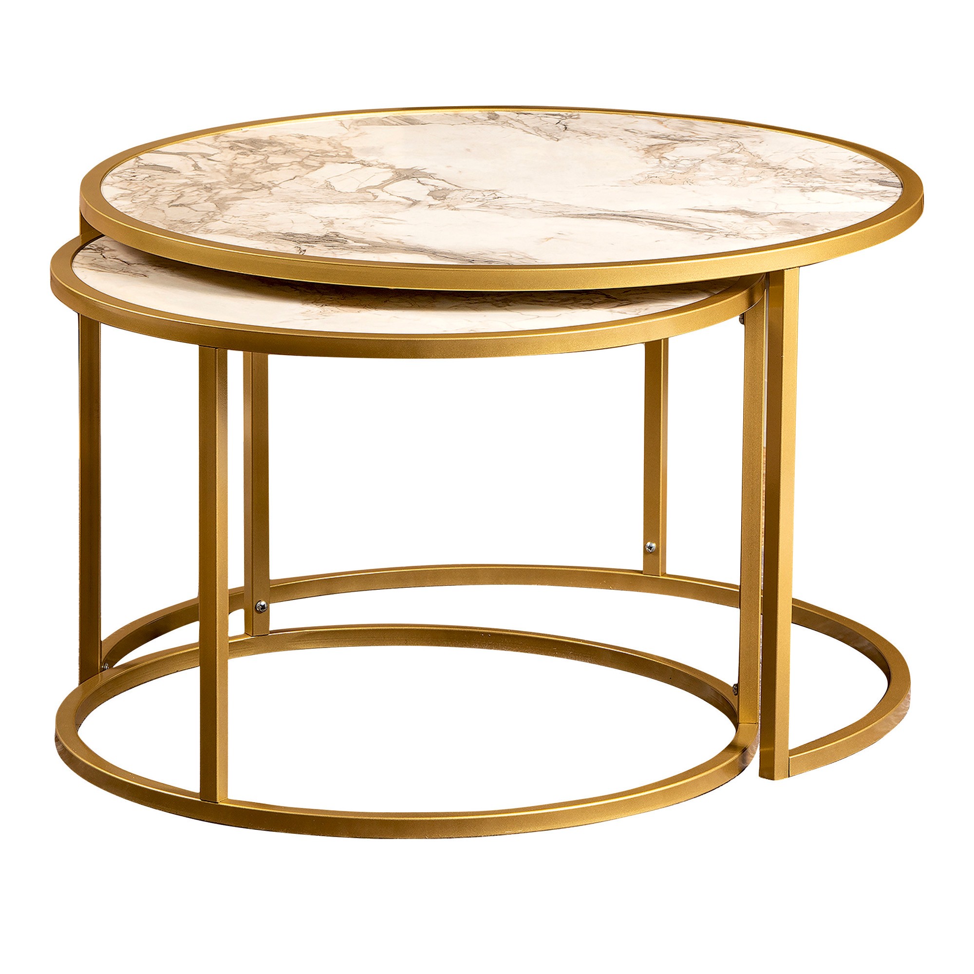 Clementia Round Nesting Table Pannello in melamina marmorizzata bianca e oro