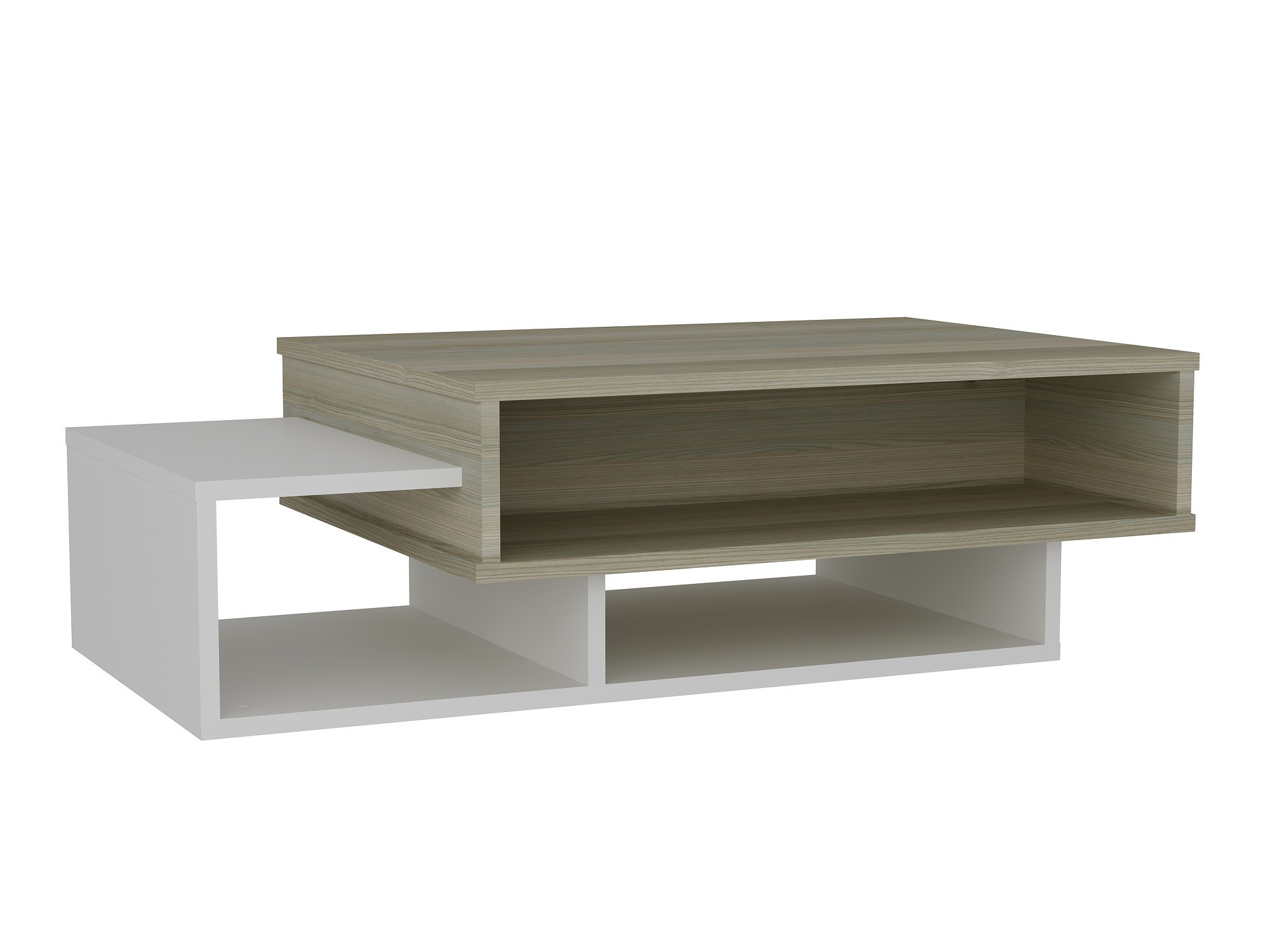 Tavolino asimmetrico Superimposita in melamina bianca e legno