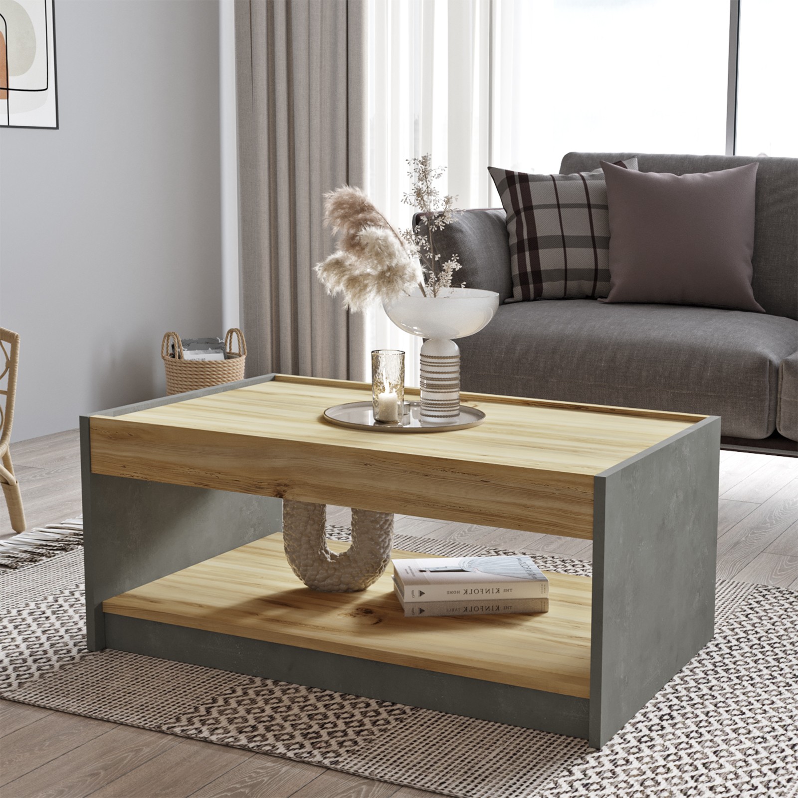 Tavolino contemporaneo Husserl Effetto cemento grigio scuro e quercia dorata